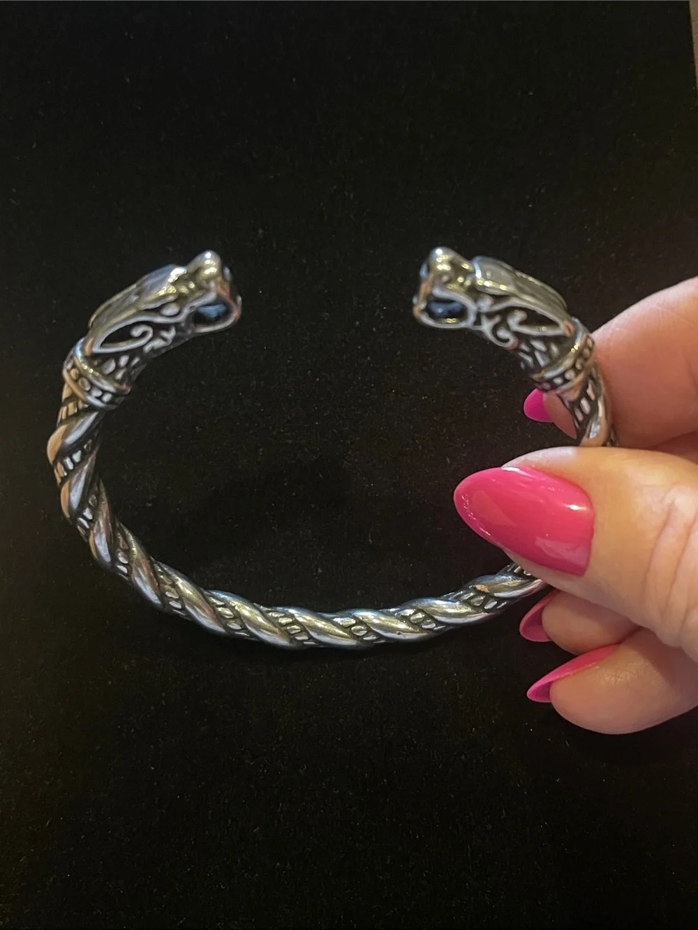 Silver-Stainless Steel Twisted Dragon Head Cuff Bracelet